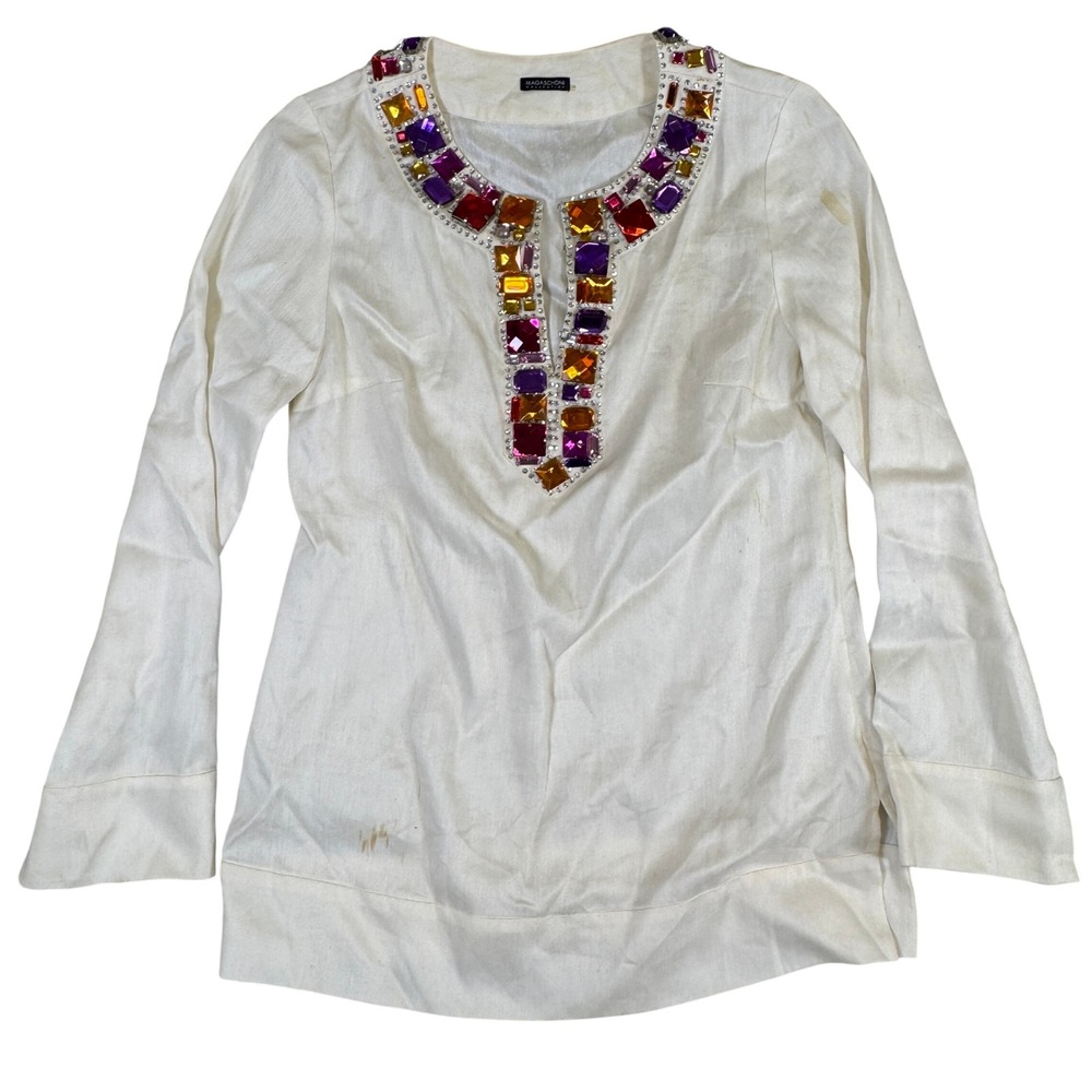 Magaschoni Collection White Linen Jewel Neck Tunic Top Bell Sleeve Size 10